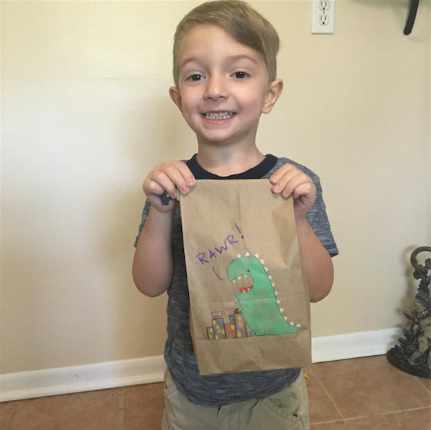 Huxley loves showing off his lunch bags to classmates and teachers. 