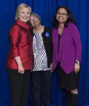 From right: Mini Timmaraju, her mom Chaya, and Hillary Clinton