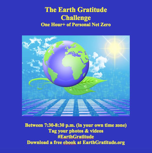 Take the Earth Gratitude Challenge. One hour+ of personal net zero on the Supermoon, on Thanksgiving and on Earth Day (April 22). 