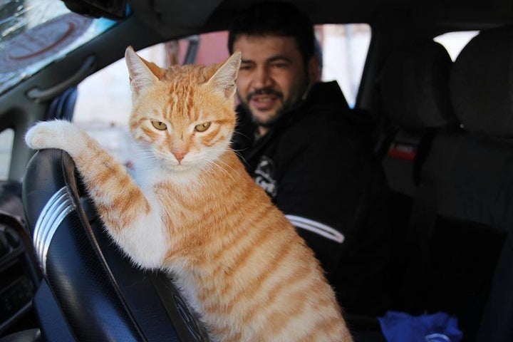 Aljaleel and a cat pose in the vehicle he uses as an ambulance.