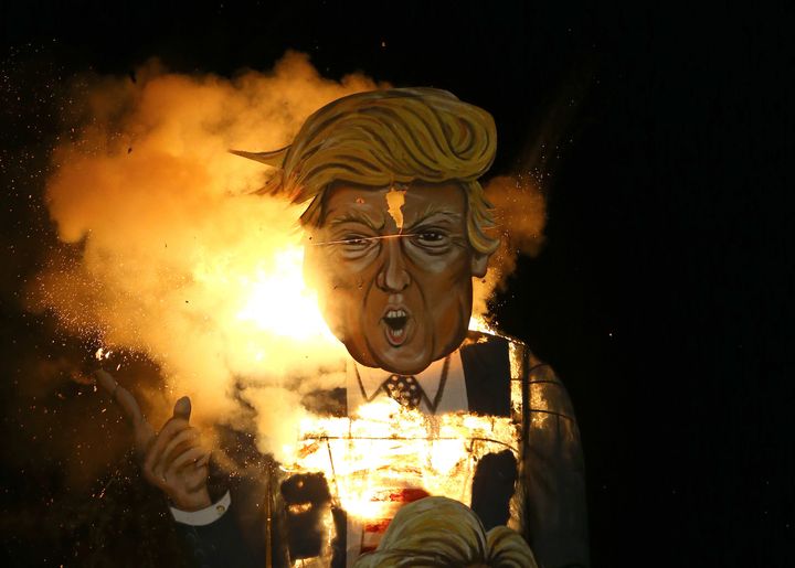 A model of Donald Trump was burned at a fireworks display in Edenbridge, 30 miles south of London, on Saturday night.