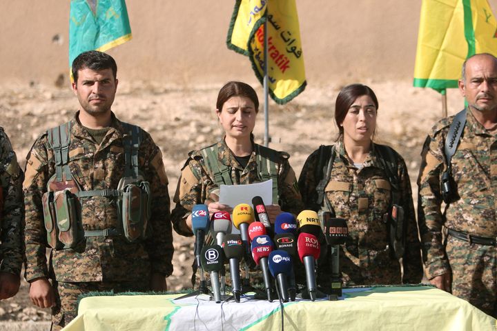Syrian Democratic Forces (SDF) commanders attend a news conference in Ain Issa, Raqqa Governorate, Syria November 6, 2016.