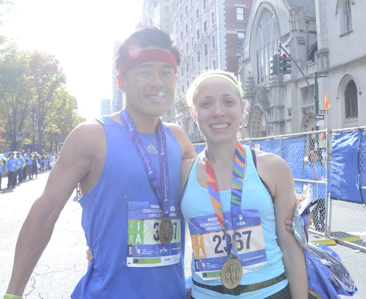 Mark Kim and Karen Jablonski, married, ran the marathon together. Jablonski shaved ten minutes off her personal record.