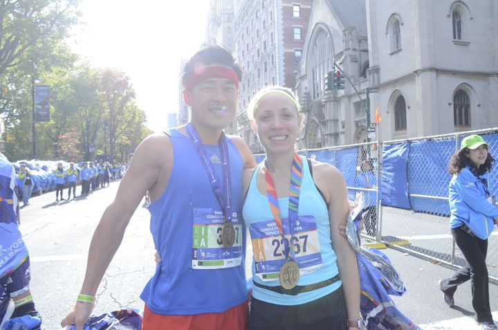 Mark Kim and Karen Jablonski, married, ran the marathon together. Jablonski shaved ten minutes off her personal record.