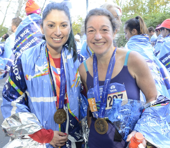 Selina Ruiz (left) and Barb Eisner met at the race. Eisner, from Portland, Oregon, ran the race for her 50th birthday.