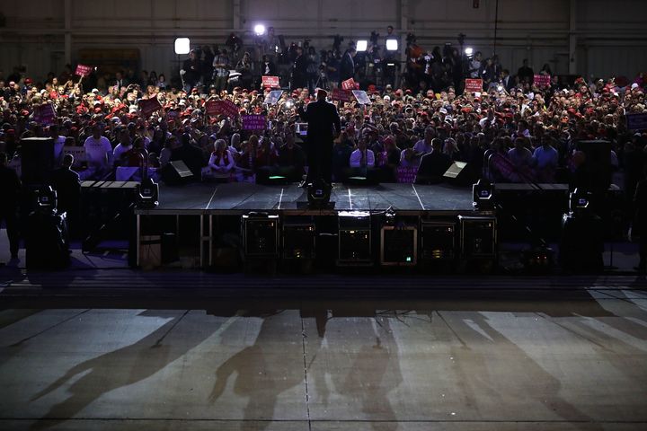 Republican presidential nominee Donald Trump speaks to supporters at an airplane hangar rally at Pittsburgh International Airport. It was his fourth campaign stop of five for the day in his frantic push to flip Democratic-leaning states by Tuesday's election.