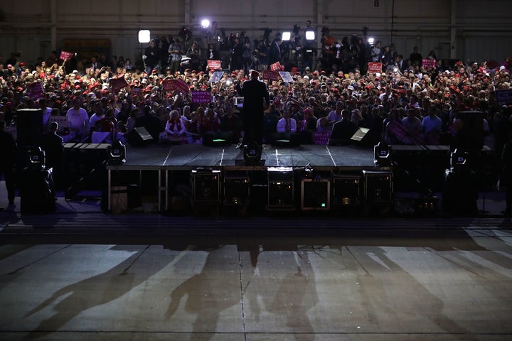 Republican presidential nominee Donald Trump speaks to supporters at an airplane hangar rally at Pittsburgh International Air