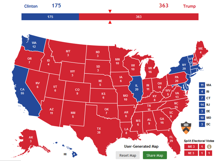 Nate Silver’s model gives this map (or worse for Clinton) a relatively high chance of occurring.