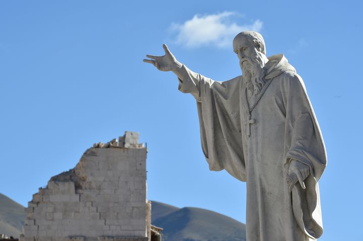 A statue of St Benedict in the historic center of Norcia, a day after a 6.6 magnitude earthquake hit central Italy. It came four days after quakes of 5.5 and 6.1 magnitude hit the same area and nine weeks after nearly 300 people died in an August 24 quake that devastated the tourist town of Amatrice