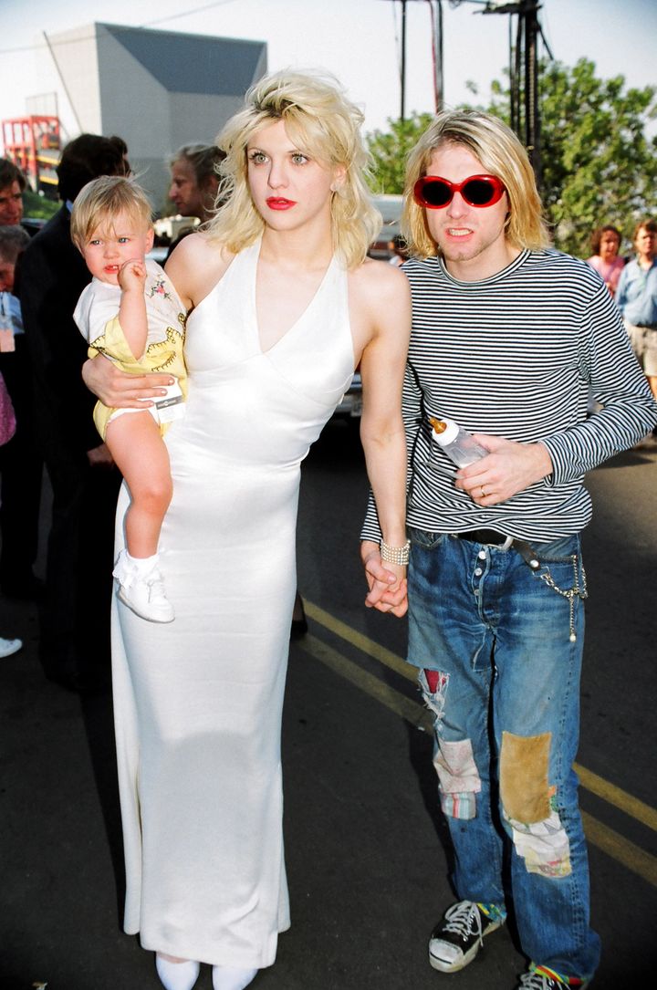 Courtney Love attends the MTV VMAs with daughter Frances Bean Cobain and husband Kurt Cobain in 1993