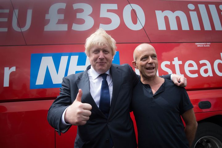 <strong>The CPS is looking into a complaint that Leave campaigners misled voters; Boris Johnson is pictured above former adviser to David Cameron, Steve Hilton, next to a ad being cited in the case </strong>