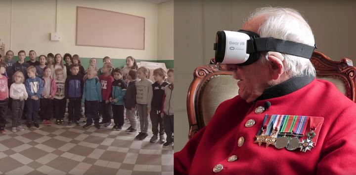 British World War II veteran Frank Mouqué, 91, watches as a group of French school children sing to him to express their gratitude for his service.
