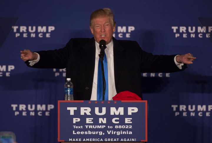 Republican presidential candidate Donald Trump addresses a campaign rally in Leesburg, Virginia. 
