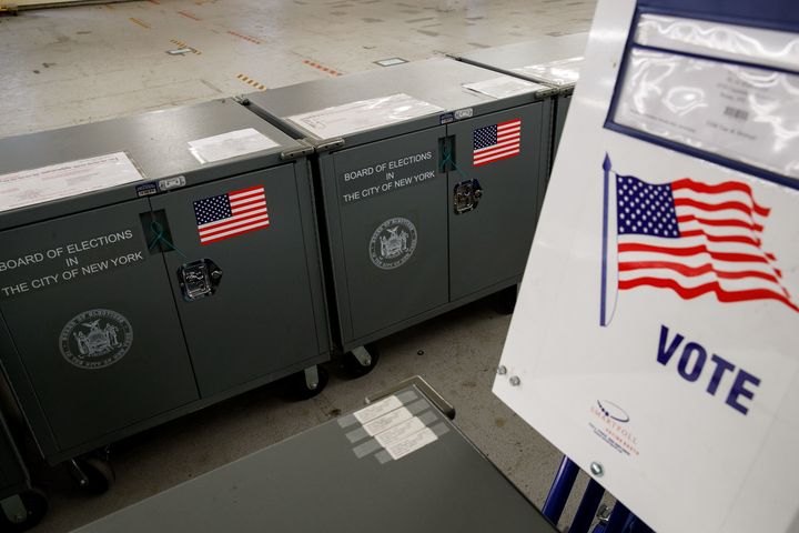 Voting booths and crates containing polling station supplies sit in New York ahead of voting on Tuesday