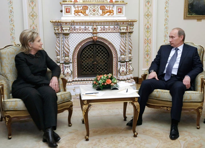 U.S. Secretary of State Hilary Clinton and Russian Prime Minister Vladimir Putin meet at the presidential residence Novo-Ogaryovo outside Moscow on March 19, 2010.