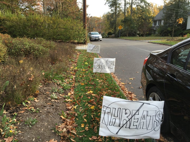 Homemade anti-Trump signs in a neighborhood outside Philadelphia.