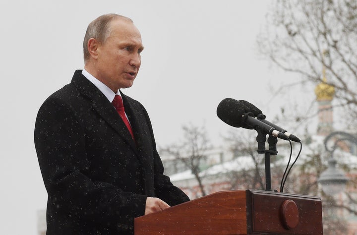 Russian President Vladimir Putin delivers a speech during the opening ceremony of the monument to Vladimir the Great in Mosco