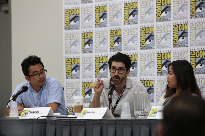 <p>Elia Petridis (middle) discusses VR/AR at this summer’s Di-VR-sity panel, produced by his company Filmatics for Comic-Con 2016, which highlighted opportunities for women and minorities in this emerging industry.</p>