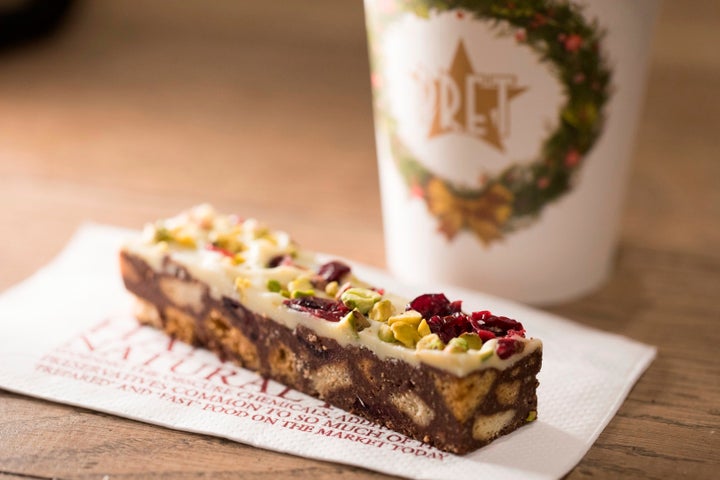 Pret's chocolate tiffin and a hot drink.