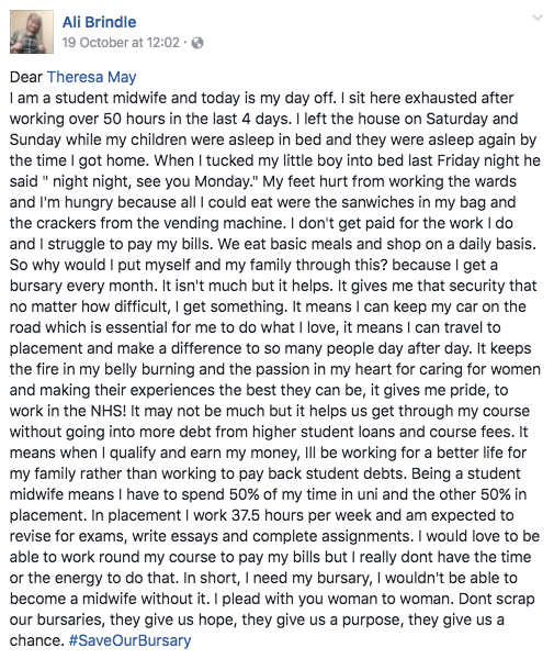 The student midwife wrote the open letter to the Prime Minister after working 50 hours in four days