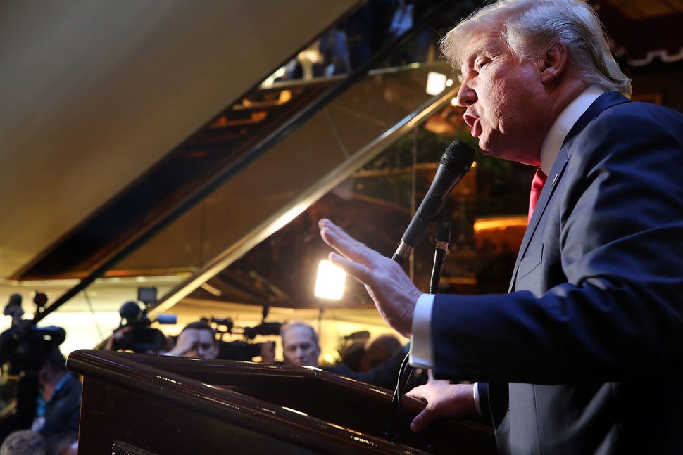 Donald Trump speaks about his book <i>Crippled America</i> in the Trump Tower atrium in New York in 2015.