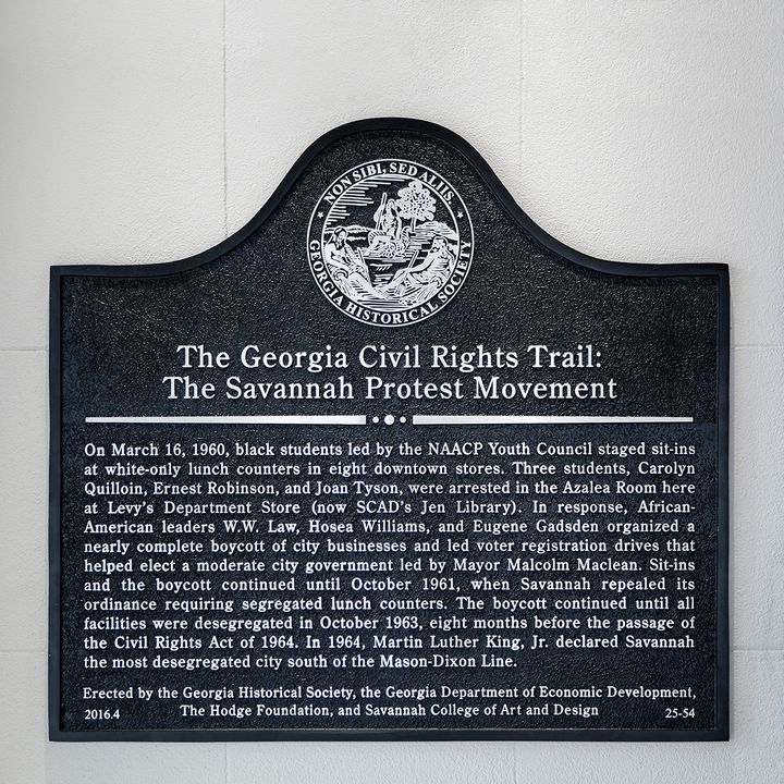 Students and visitors to SCAD and Savannah see this historic marker upon entering SCAD's Jen Library on Broughton Street, once the entrance to Levy Brothers department store. 