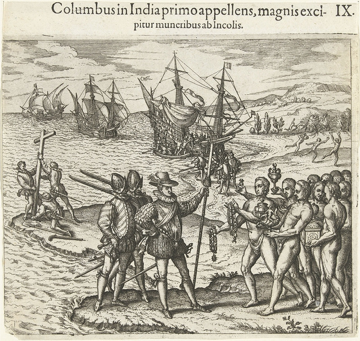 Engraving by Theodor de Bry, Columbus Arrives in the New World (1592)