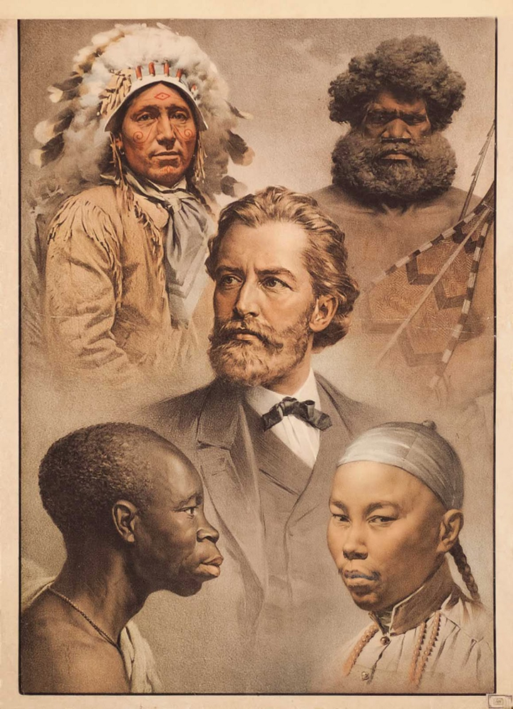 The Races of Mankind (1911) — an idealized, pseudo-scientific model of Eurocentrism and white racial supremacy. The fully clothed white man sits at the center of the racial universe, while the “others” wear animal skins, stand half naked or give mysterious, yellow-peril side-eye.