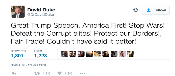 The former Grand Wizard of the KKK salutes Trump’s speech at the RNC.