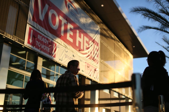 People in San Diego, California, wait to vote in the U.S. presidential election on Nov. 8, 2016.