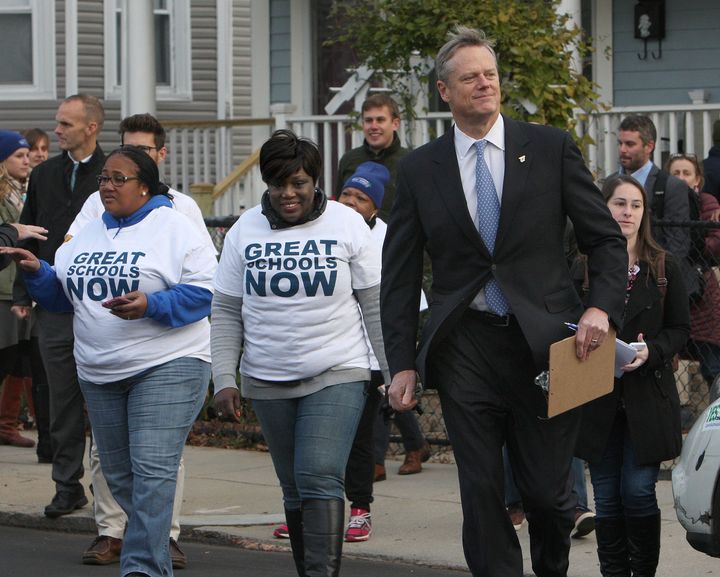 The Republican governor was seen going door to door to help persuade voters to lift the cap on the number of charter schools last month.