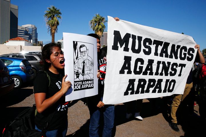 High school sophomore Yazmin Sagastume protests against Sheriff Joe Arpaio on Election Day in downtown Phoenix. The controversial sheriff of Maricopa County was up for re-election.