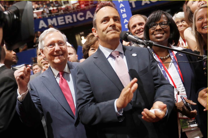 Control of the state House, a priority for U.S. Senate Majority Leader Mitch McConnell, left, will help Gov. Matt Bevin enact sweeping changes in Kentucky.