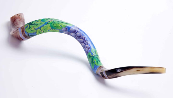 <p>Hand painted grape vine on Yemenite Shofar </p>