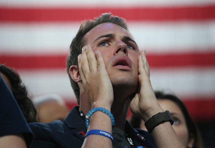<strong>A supporter of Democratic U.S. presidential nominee Hillary Clinton reacts at the election night rally the Jacob K Javits Convention Center in New York.</strong>