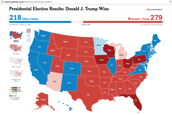 Electoral map as of 3:42 am ET on 11/9/16