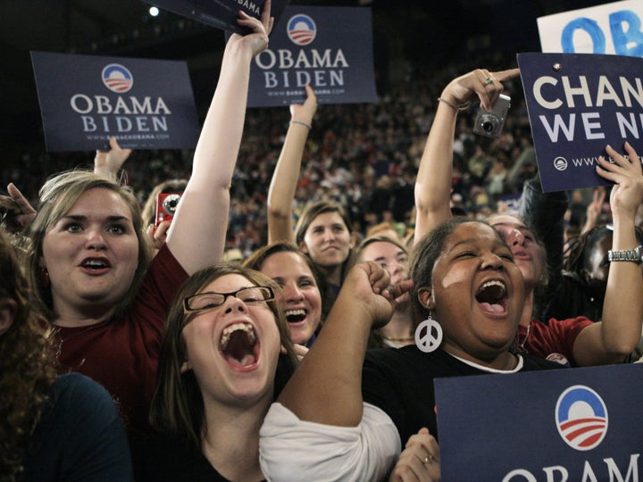 <em>Millennials rallying for President Obama in 2008.</em>