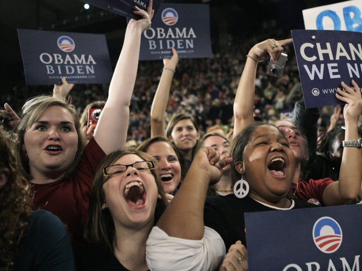 Millennials rallying for President Obama in 2008.