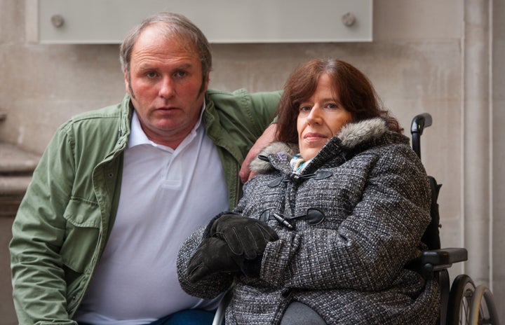 <strong>Jacqueline Carmichael and her husband Jayson from Southport, Merseyside, outside the Supreme Court, in London.</strong>
