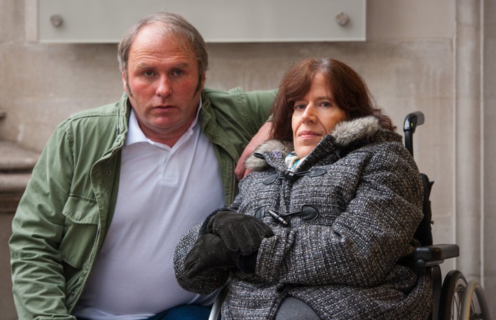 Jacqueline Carmichael and her husband Jayson from Southport, Merseyside, outside the Supreme Court, in London.