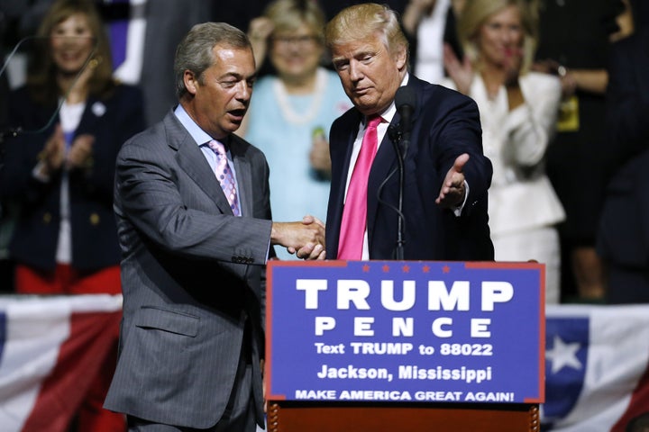 Trump and Farage speaking at a campaign event in Jackson, Mississippi, in August