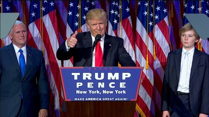 Donald Trump Delivers His Victory Speech Flanked By Running-Mate Mike Pence and Son Barron.