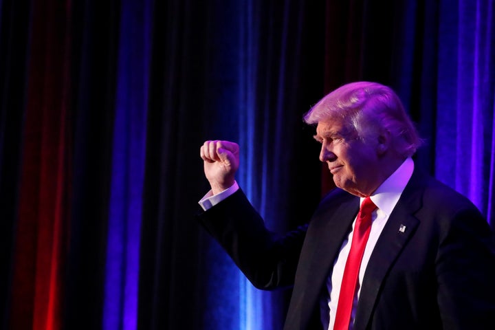 President-elect Donald Trump arrives for his election night rally in New York on Nov. 9, 2016.