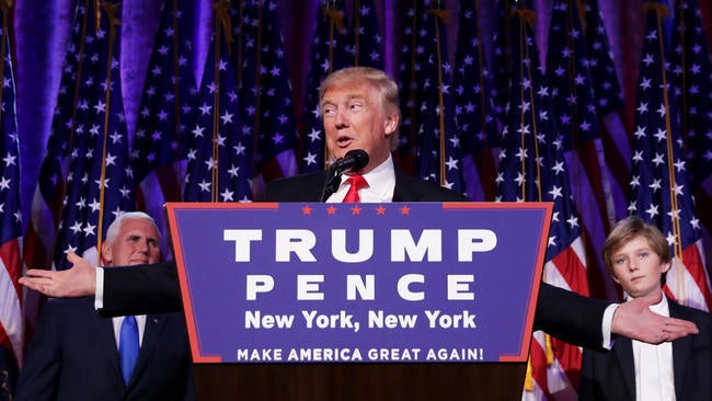 Donald Trump address supporters at his election night rally in Midtown, Manhattan.