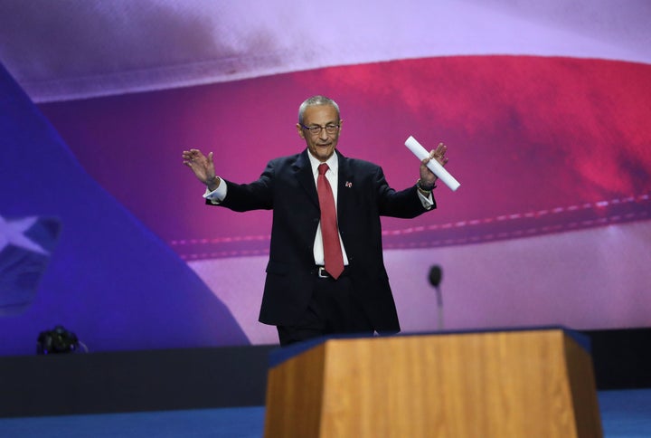 John Podesta, campaign chairman of the 2016 Democratic Nominee Hillary Clinton, arrives on stage to speak during an election night party at the Javits Center in New York, U.S., on Wednesday, Nov. 9, 2016.