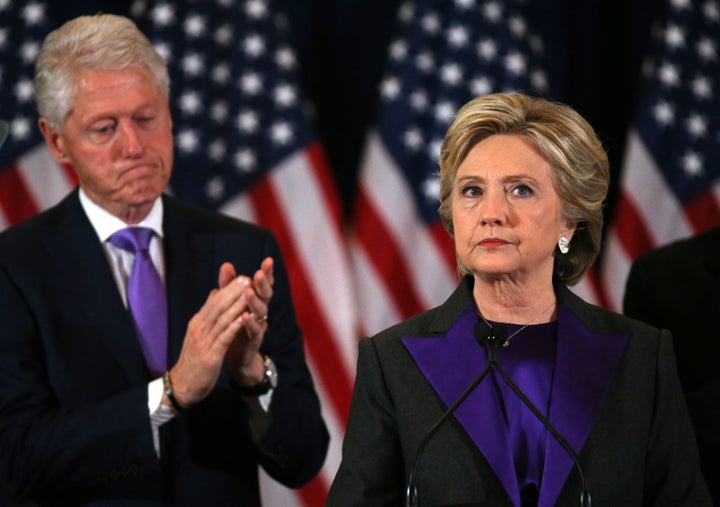 Hillary Clinton addresses her staff and supporters about the results of the U.S. election as her husband, former U.S. President Bill Clinton, applauds at a hotel in the Manhattan borough of New York, U.S., November 9, 2016.