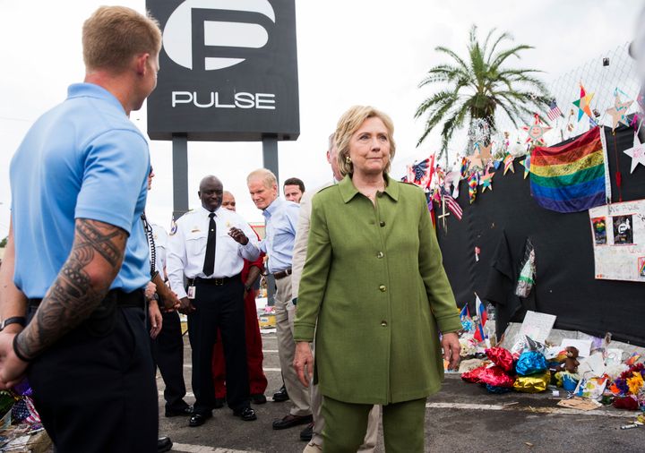 Democratic presidential candidate former Secretary of State Hillary Clinton visits the site of Pulse, a nightclub in Orlando where 49 people were killed on June 12th shooting by a single gunman, July 22, 2016 in Orlando, Florida.