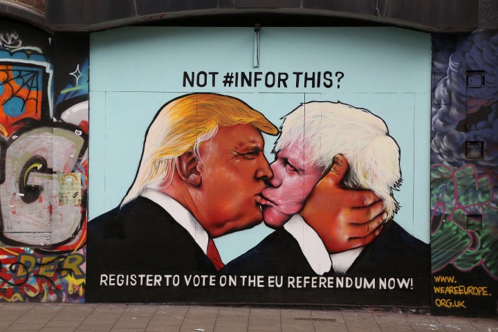 A mural showing Trump kissing Boris Johnson, the former mayor of London and current foreign secretary of the United Kingdom.