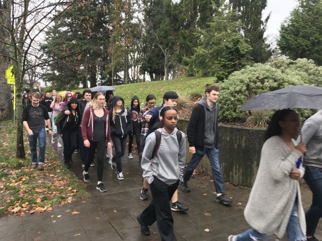 <em>West Seattle High School students march in protest following Donald Trump winning the presidential election.</em>