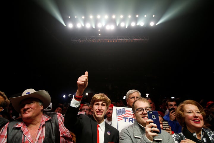 Supporters cheer during a Trump campaign rally in Manchester, New Hampshire on Nov. 7.